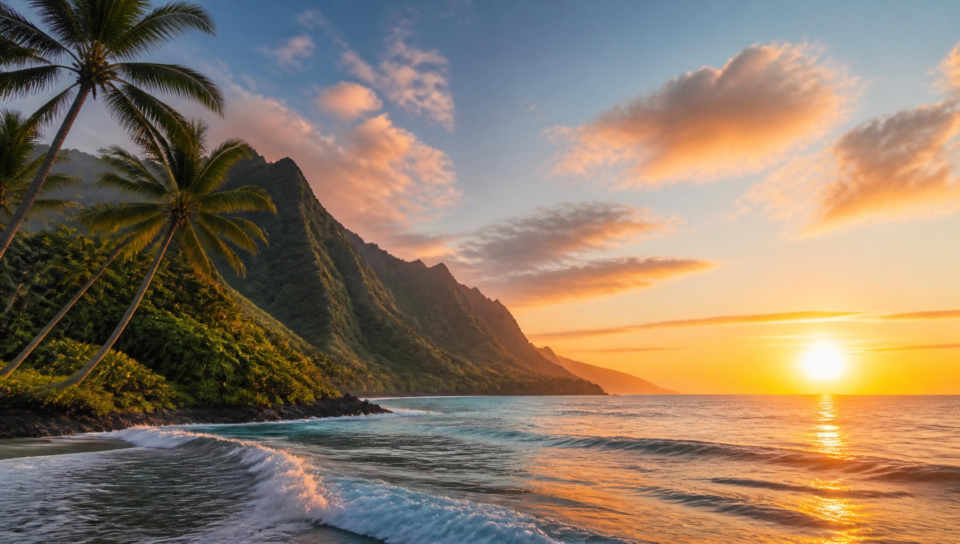 Tropical sunset over the ocean with a palm-lined coastline